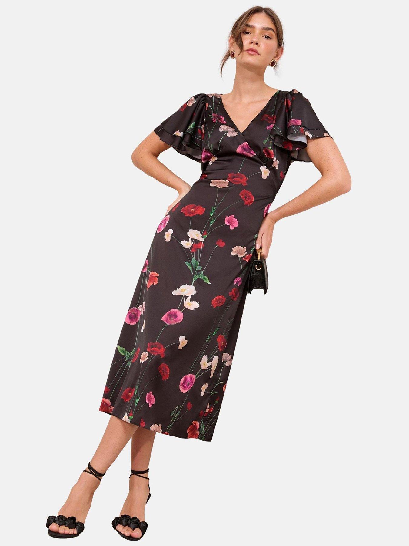 Friends Like These Satin Short Sleeve V Neck Floral Print Midi Dress - Black