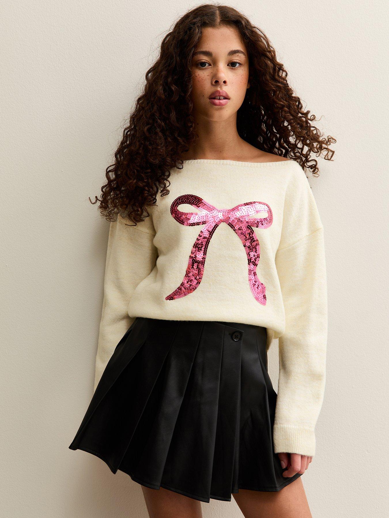 New Look 915 Girls Sequin Bow Jumper - Cream
