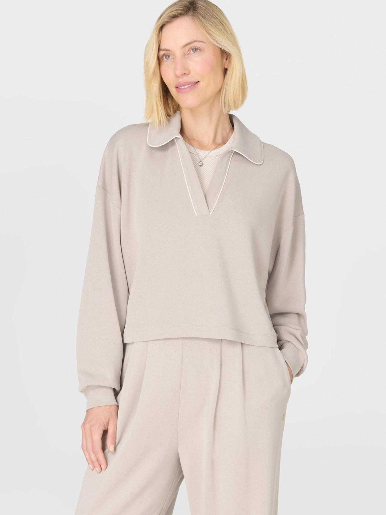 Sweaty Betty Womens Training Sand Wash Crop Henley Sweatshirt - Beige