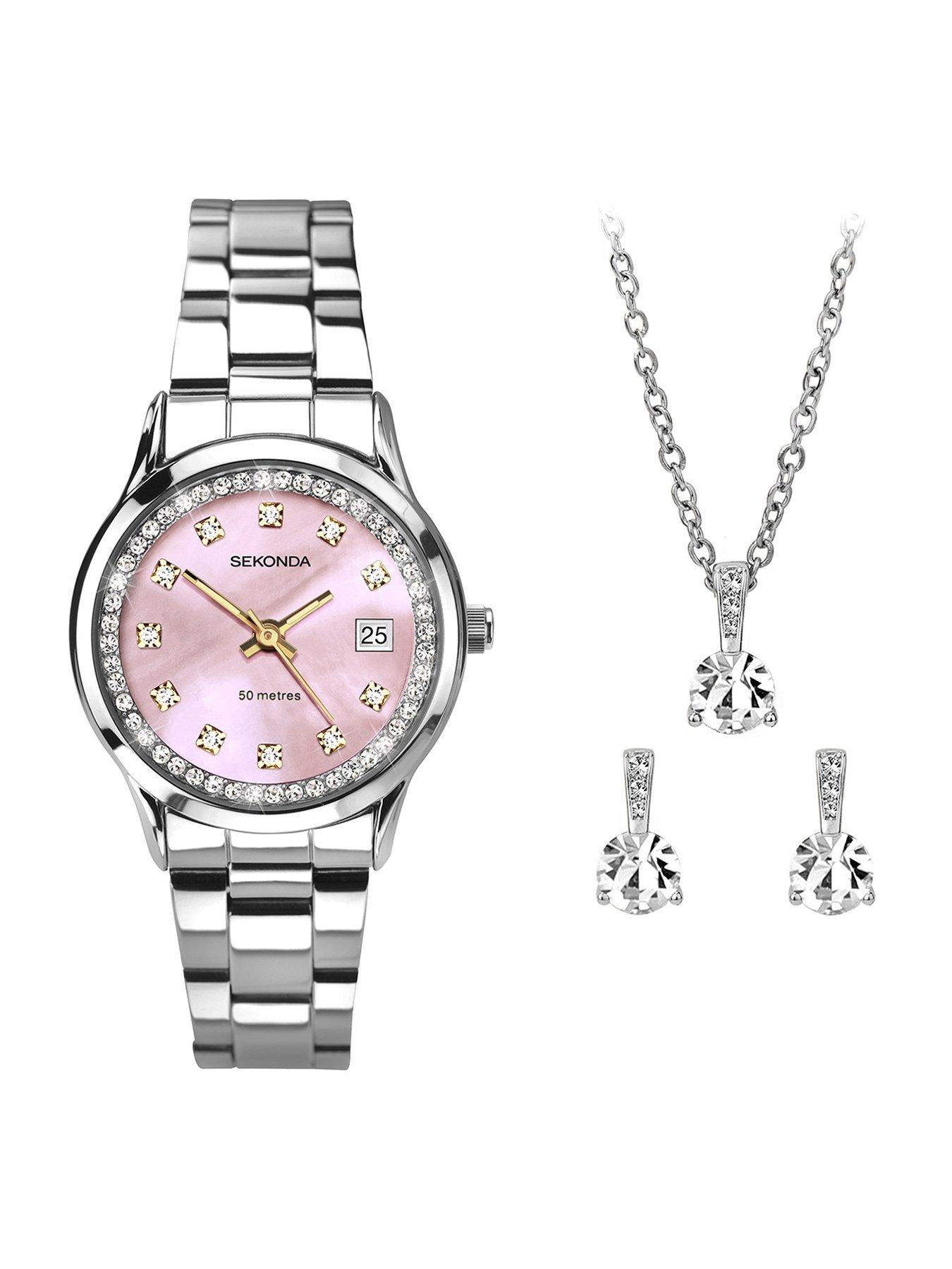 Sekonda Womens Catherine Silver Stainless Steel Bracelet with Pink Mother of Pearl Dial Analogue Watch Gift Set