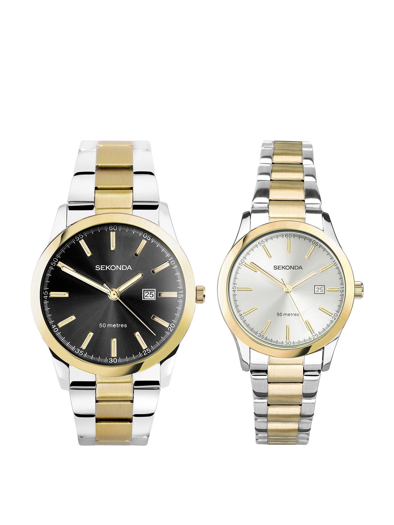Image 1 of 6 of Sekonda His/Hers Taylor Two Tone Stainless Steel Bracelet with Black and Silver Dial Analogue Watch Gift Set