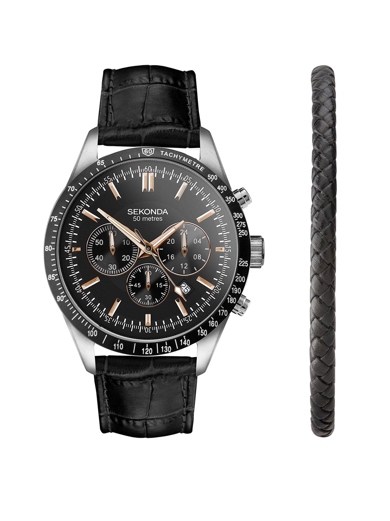 Sekonda Mens Velocity Black Leather Strap with Black Dial Chronograph Watch Gift Set