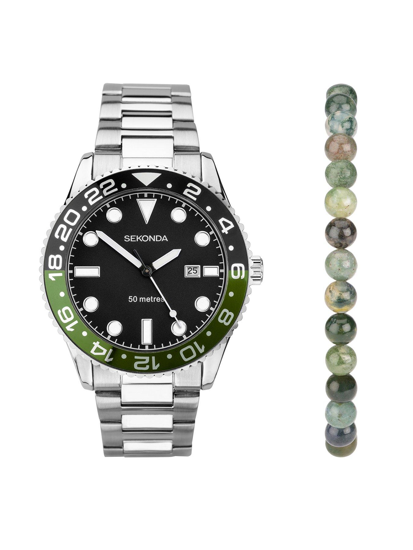 Sekonda Mens Ocean Silver Stainless Steel Bracelet with Black Dial Analogue Watch Gift Set