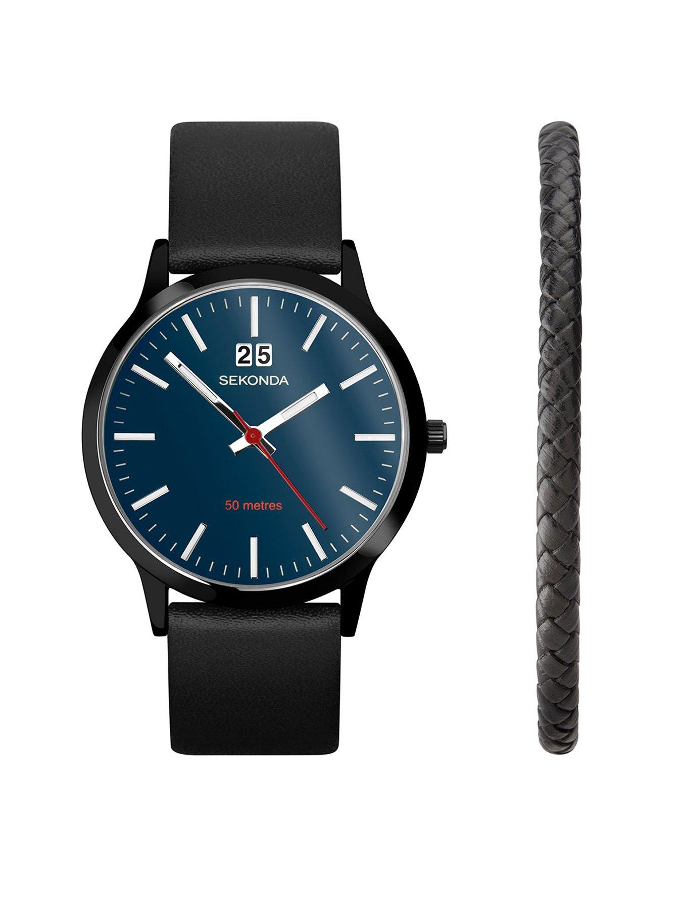 Sekonda Mens Nordic Black Leather Strap with Blue Dial Chronograph Watch Gift Set