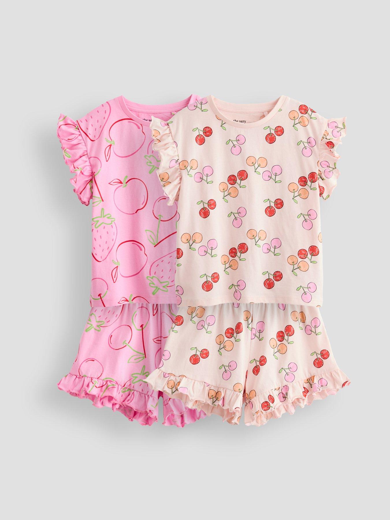 Image 1 of 6 of The Very Collection Girls 2 Pack Fruit Print Frill Pyjamas - Pink