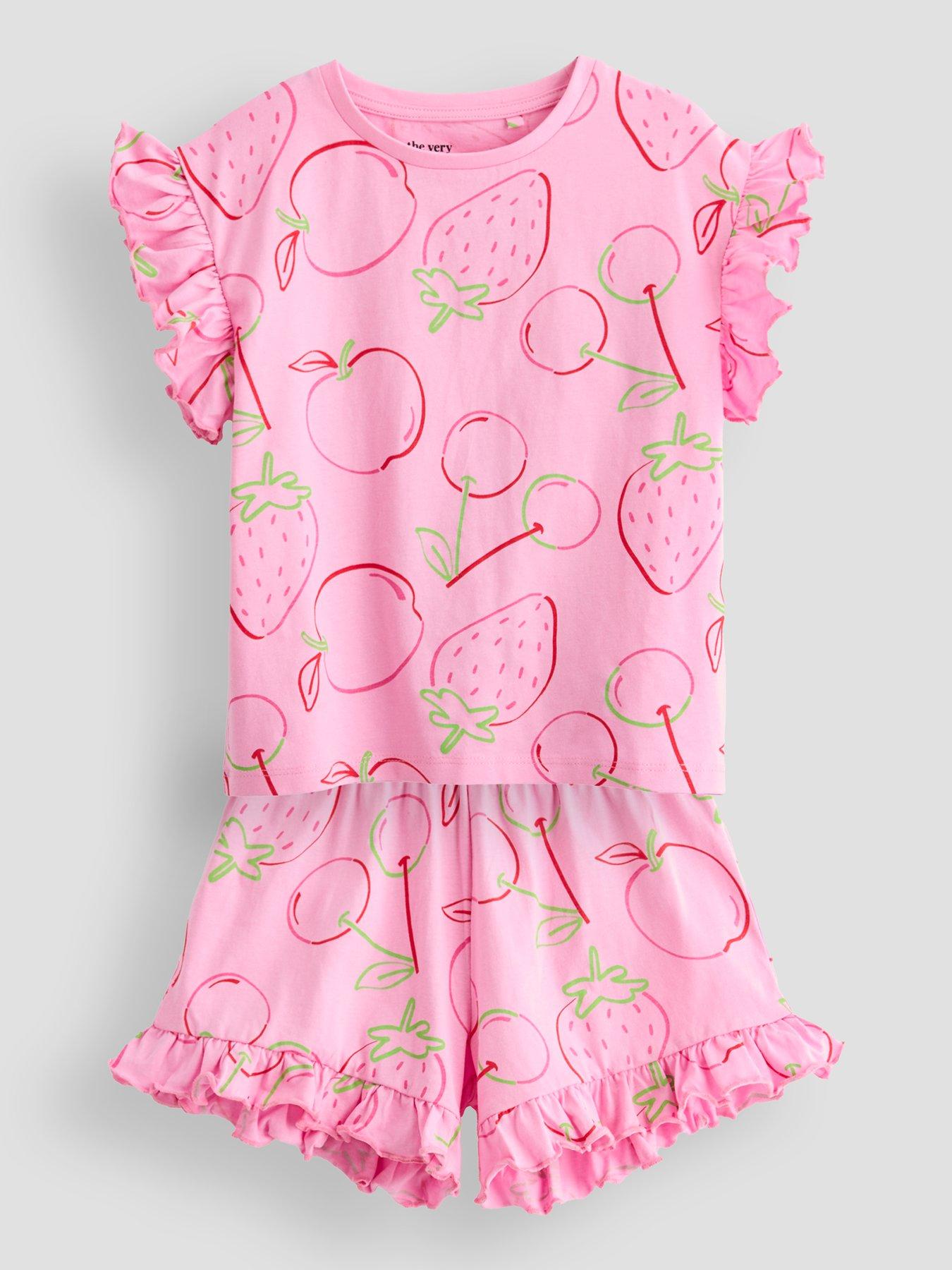 Image 2 of 6 of The Very Collection Girls 2 Pack Fruit Print Frill Pyjamas - Pink