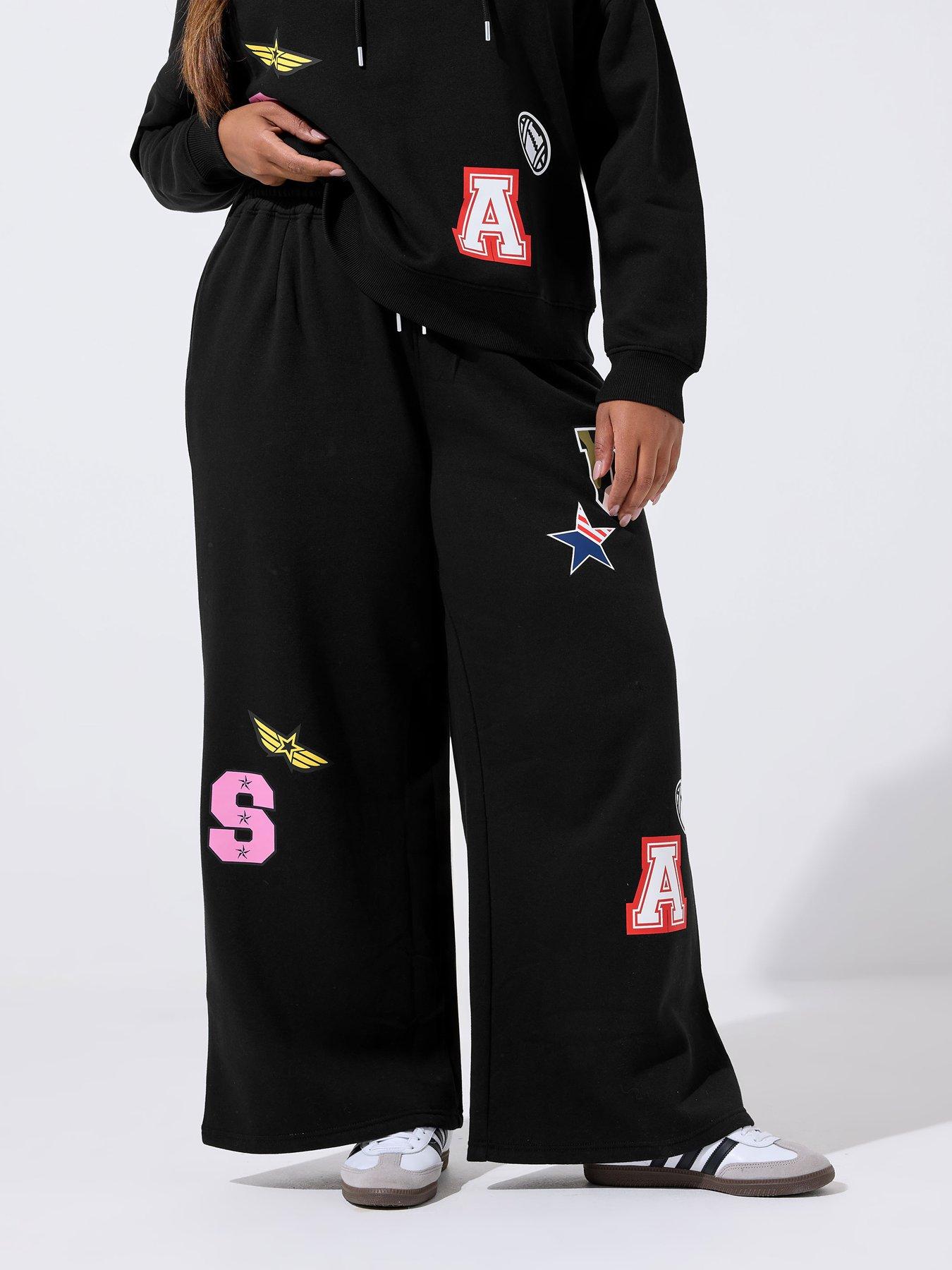 Yours Curve Printed Badge Wide Leg Jogger - Black