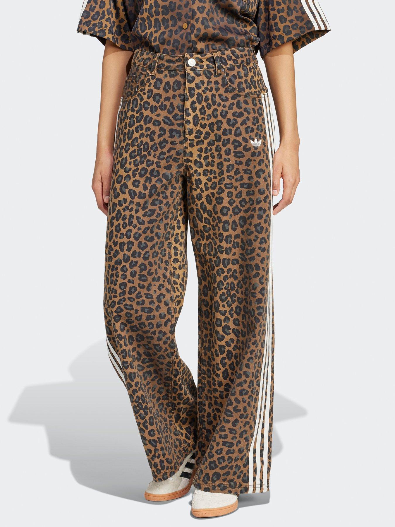 adidas Originals Womens Leopard Print Denim Loose Jeans - Brown