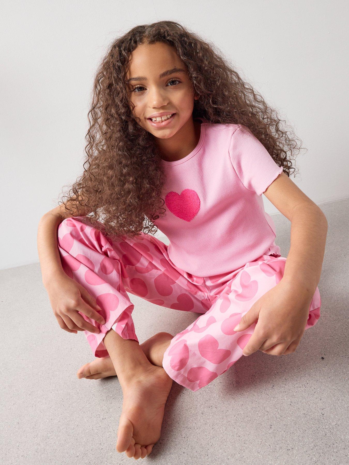 The Very Collection Girls Love Heart Valentines Pyjama Set - Pink
