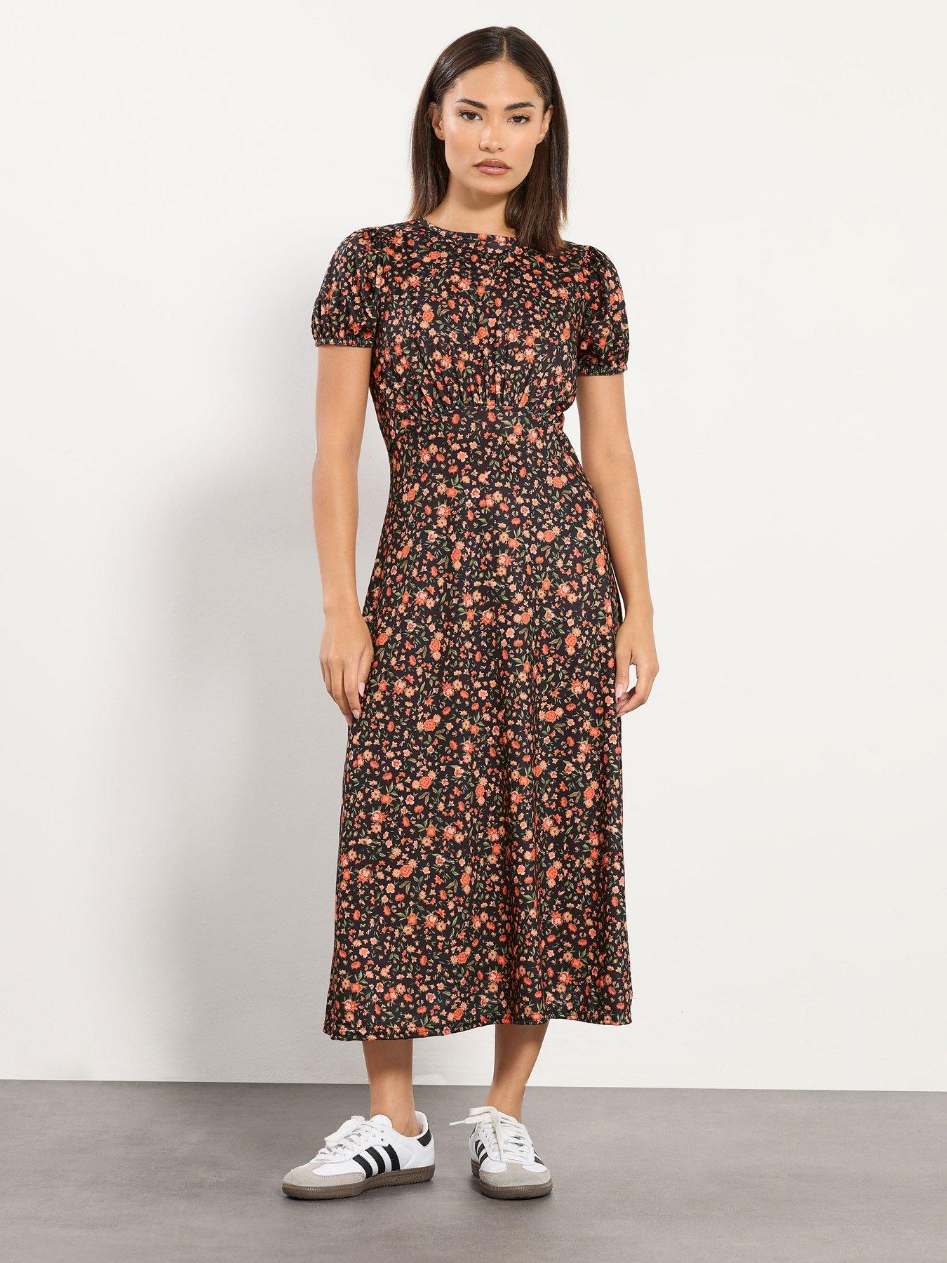 PixieGirl Petite Ditsy Puff Sleeve Midi Dress - Orange