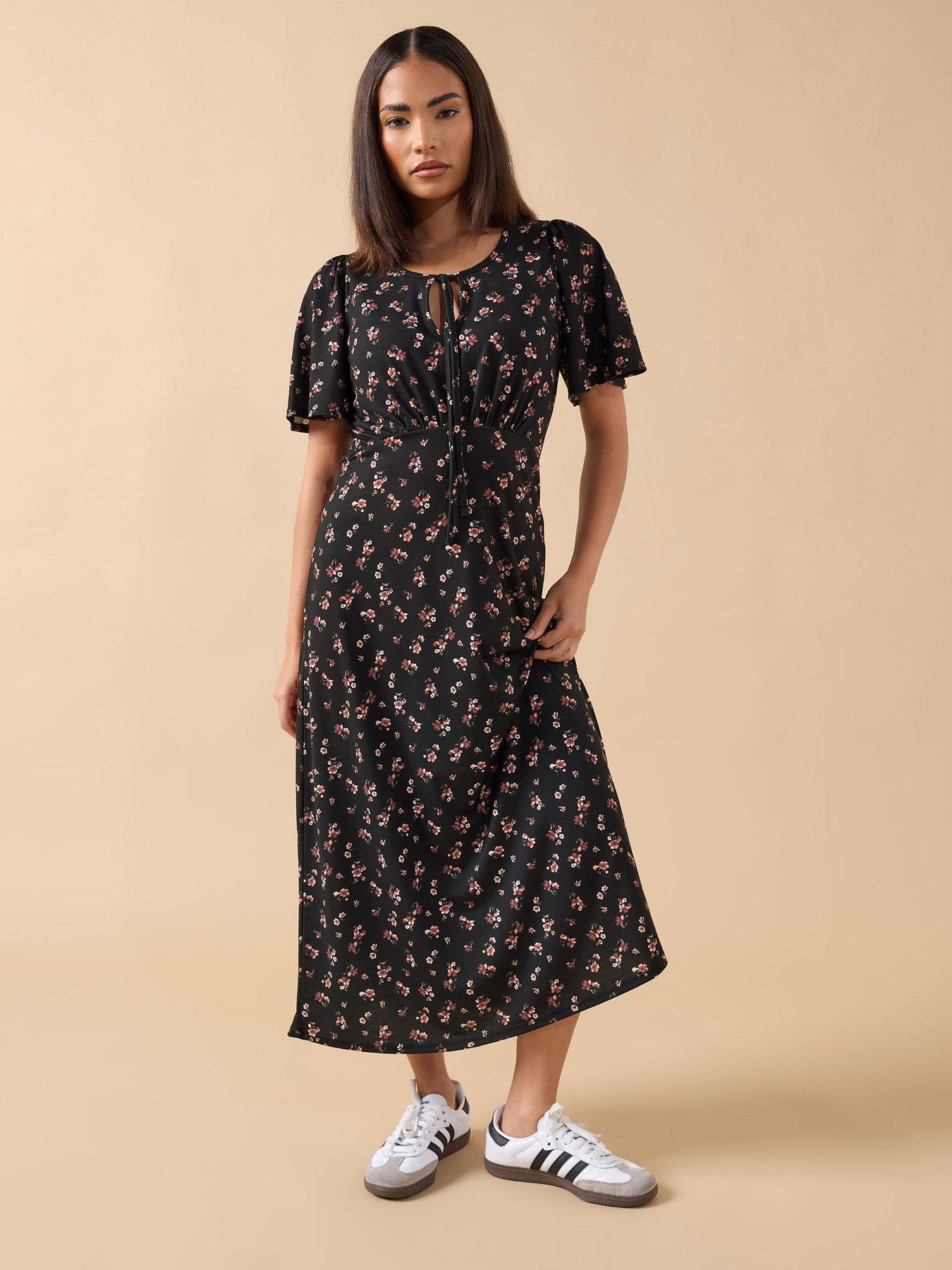 PixieGirl Petite Ditsy Tie Front Midi Dress - Black