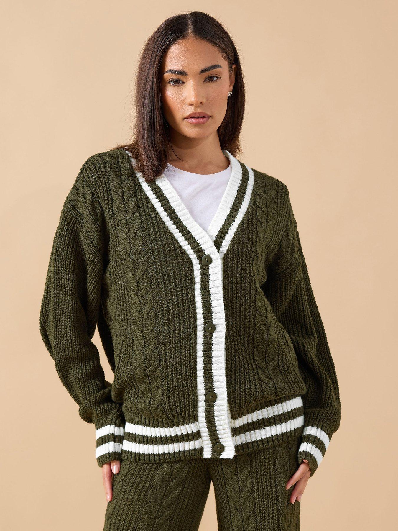 PixieGirl Petite Cable Tipped Boyfriend Cardigan - Green