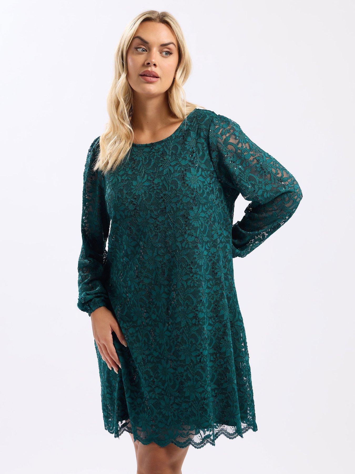 Yours Curve Long Sleeve Lace Dress - Blue