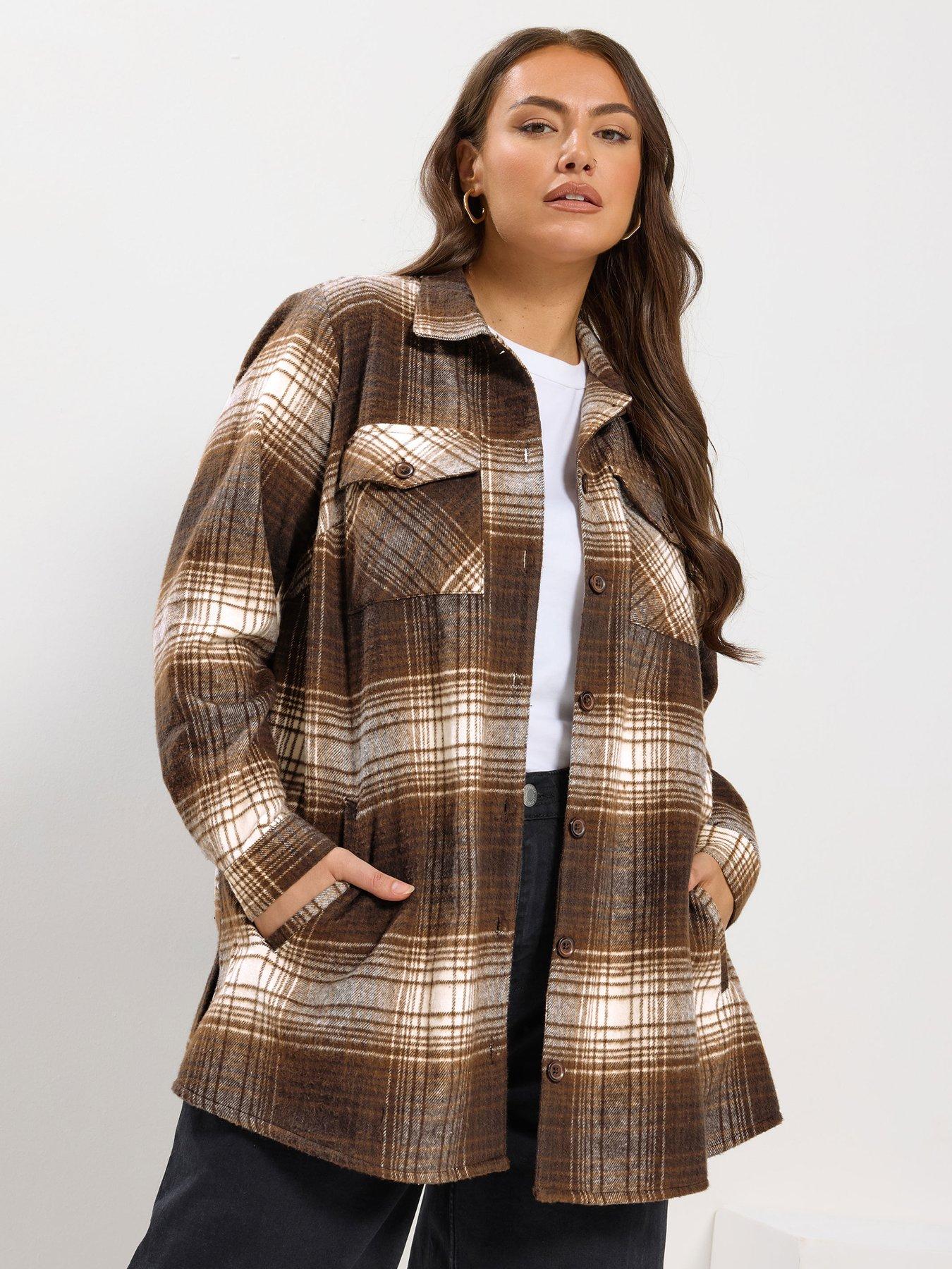 Yours Curve Check Shacket - Brown