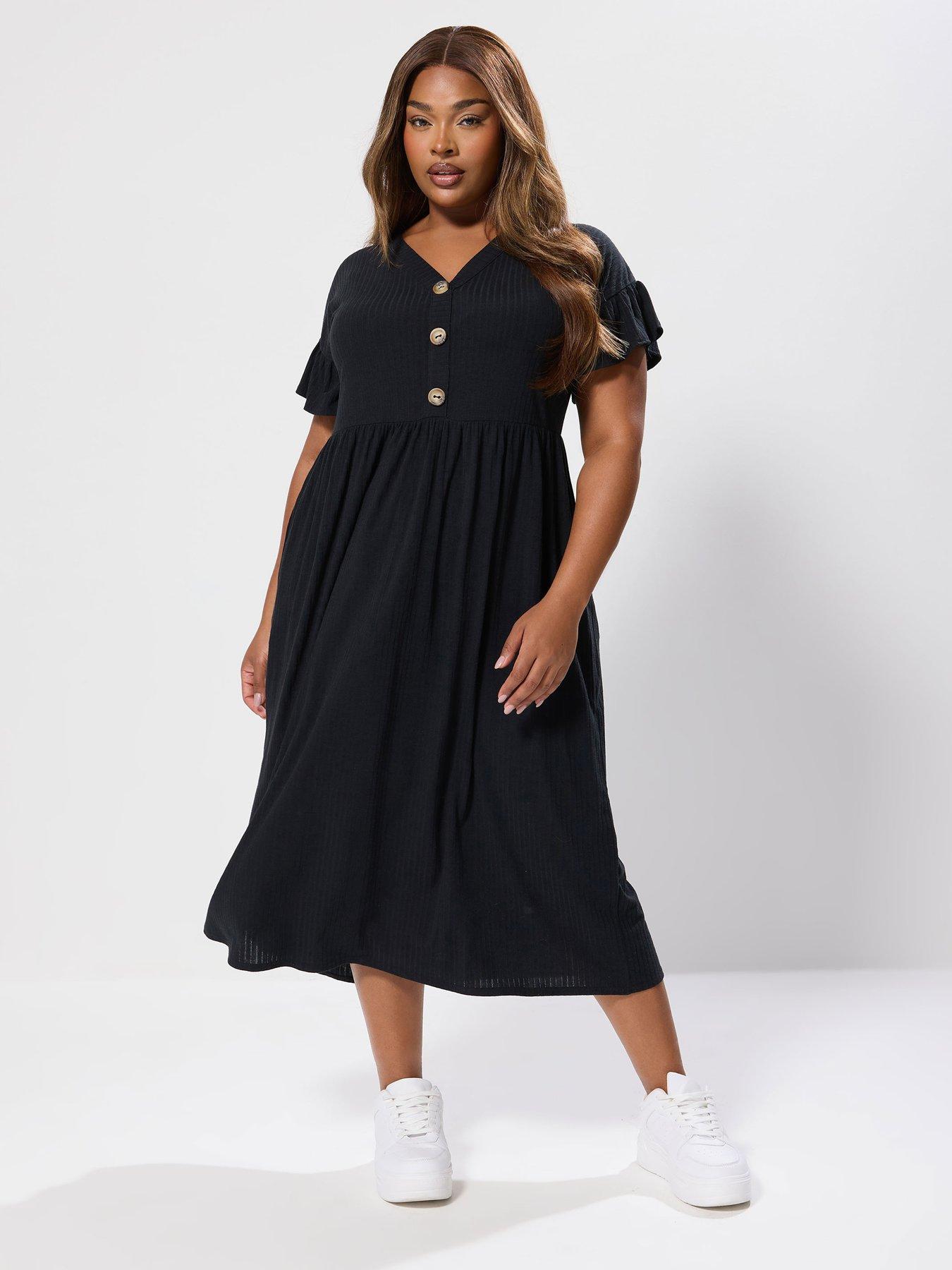 Yours Curve Rib Frill Midaxi Dress - Black