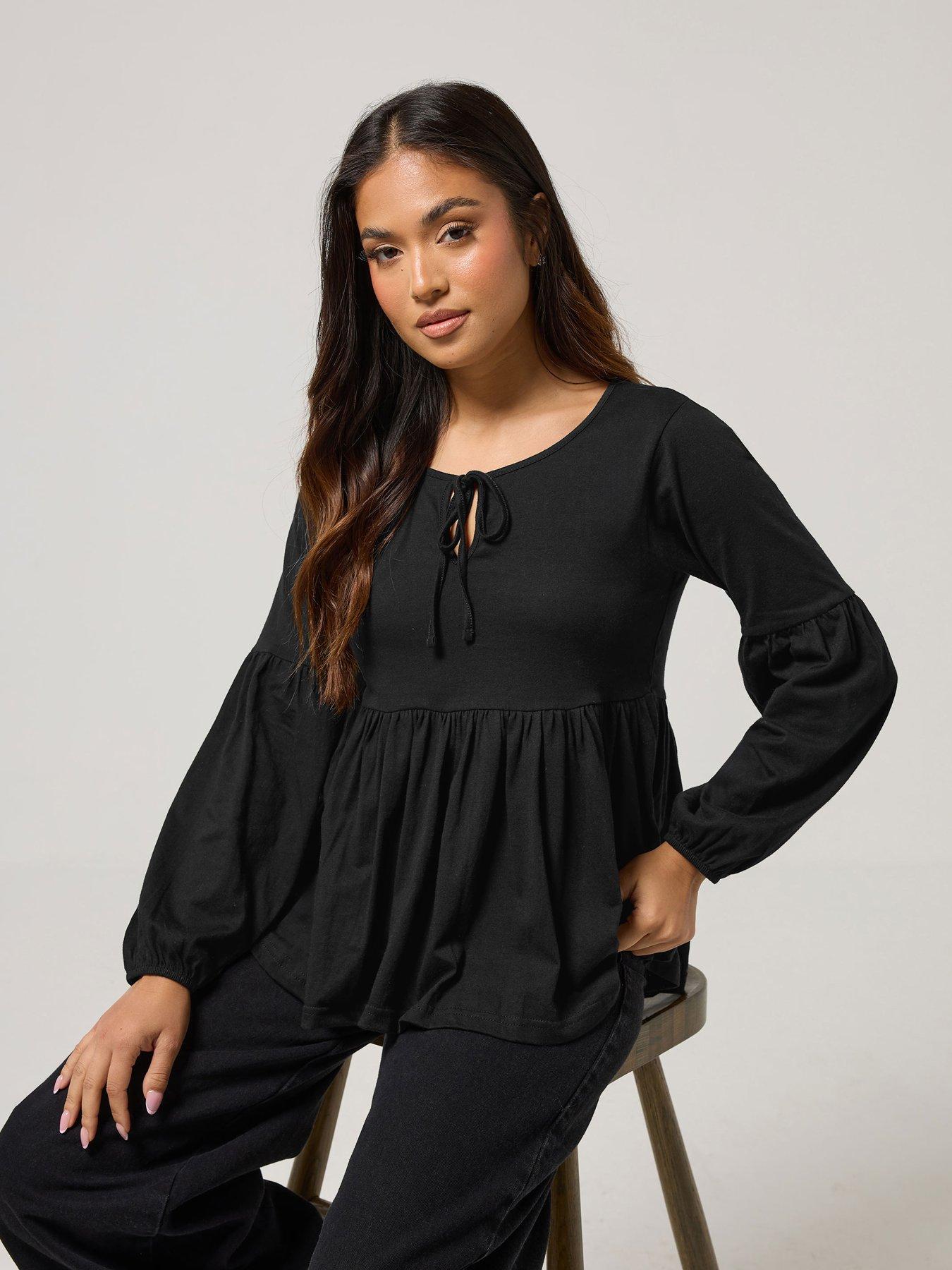 PixieGirl Petite Tie Front Smock Top - Black