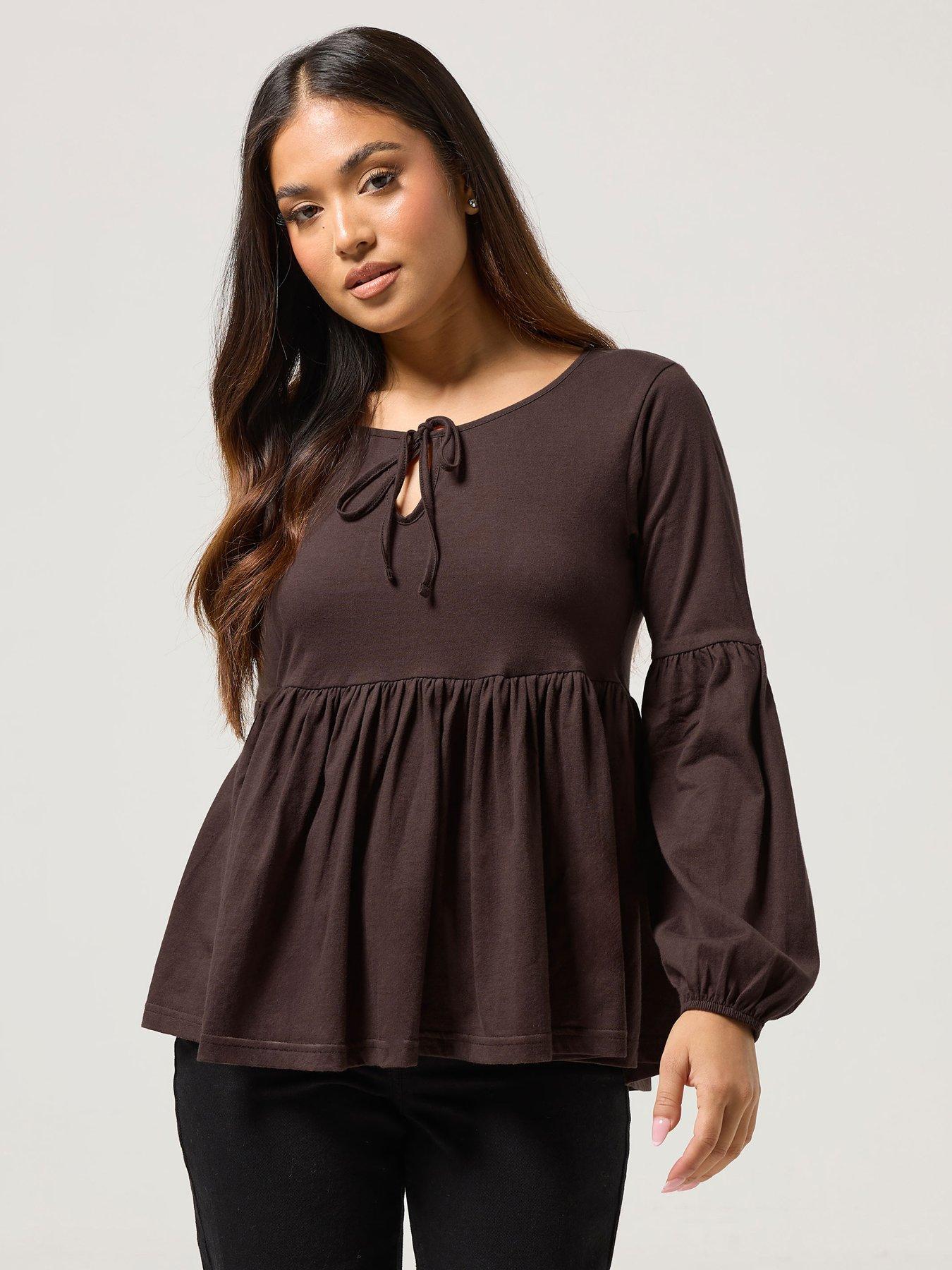 Image 1 of 4 of PixieGirl Petite Front Smock Top - Brown