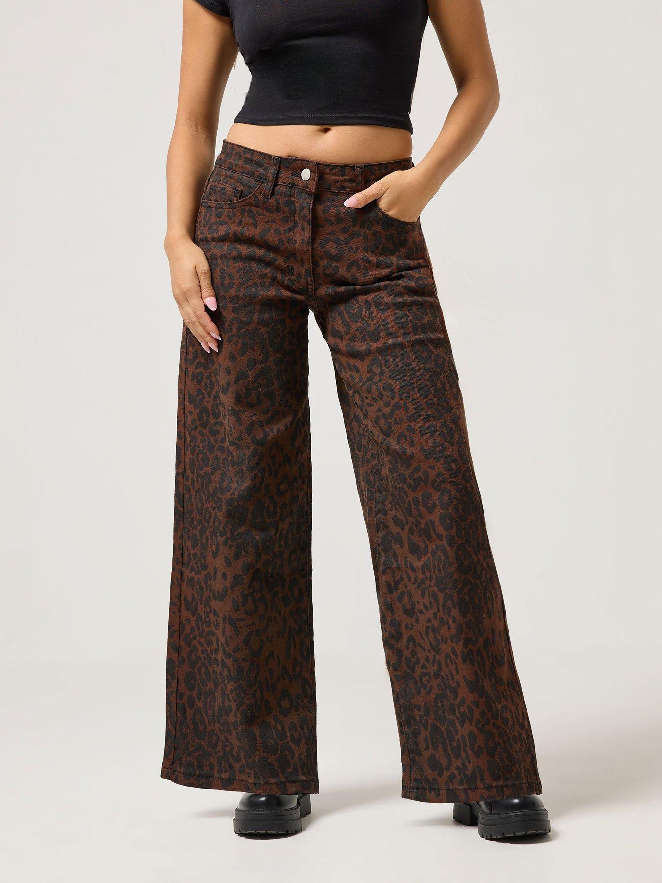 PixieGirl Petite Animal Print Wide Leg Jean - Brown