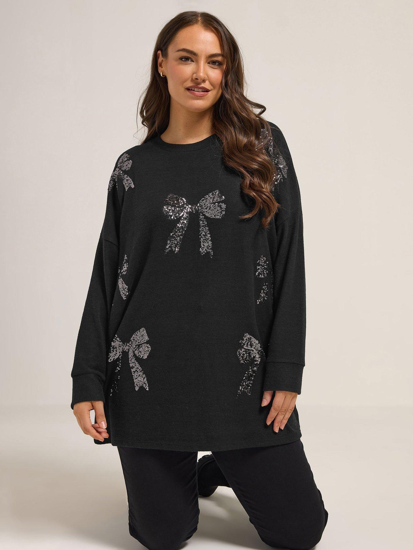 Yours Curve Bow Sequin Jumper - Black