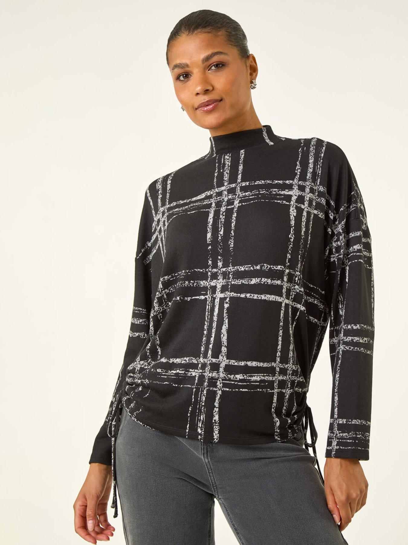 Roman Plaid Print Side Tie Top - Black