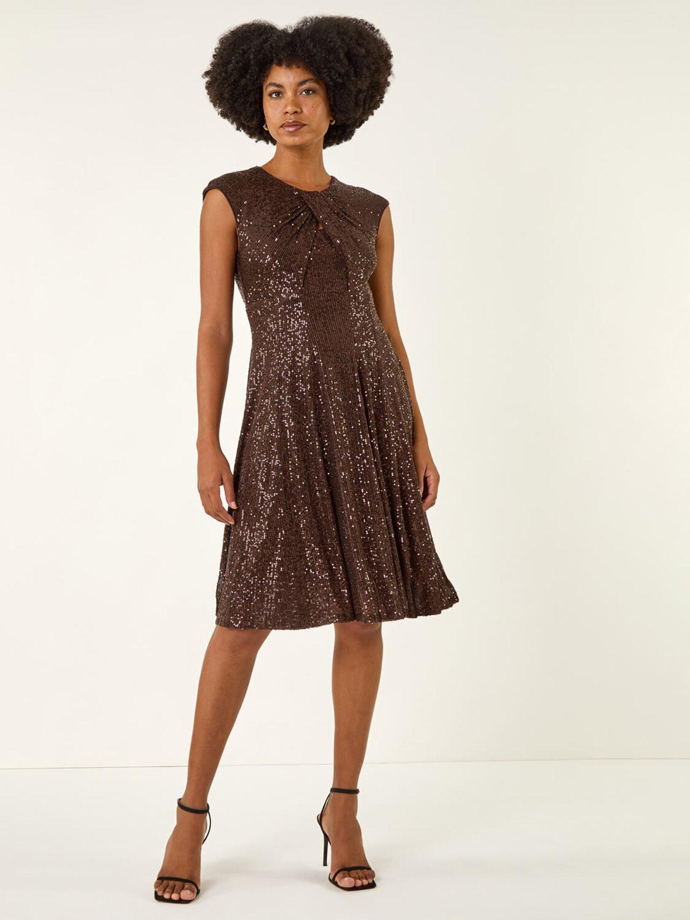 Image 1 of 5 of Roman Sequin Twist Front Stretch Dress - Brown