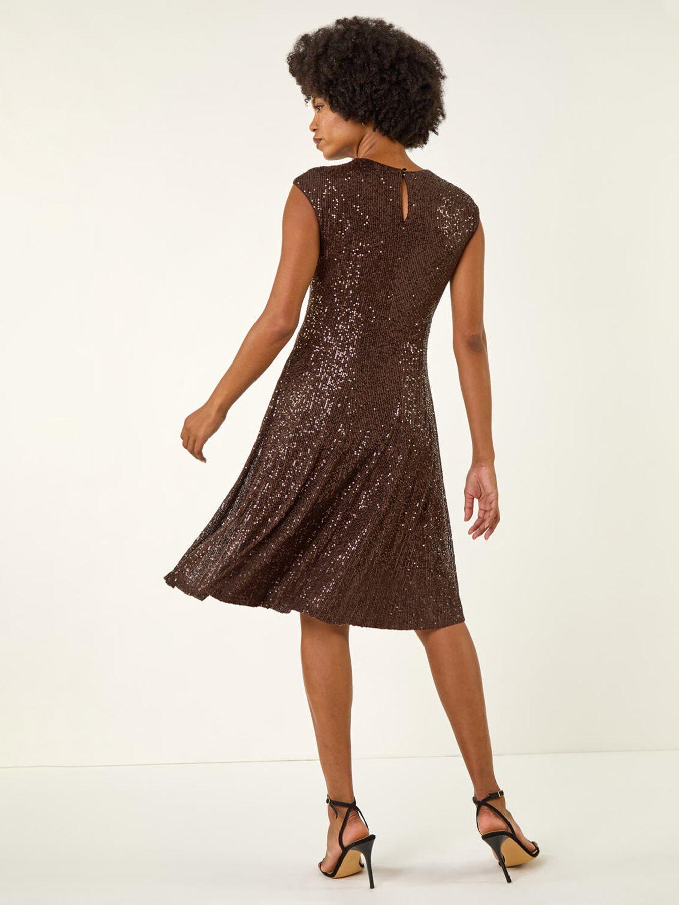 Image 2 of 5 of Roman Sequin Twist Front Stretch Dress - Brown