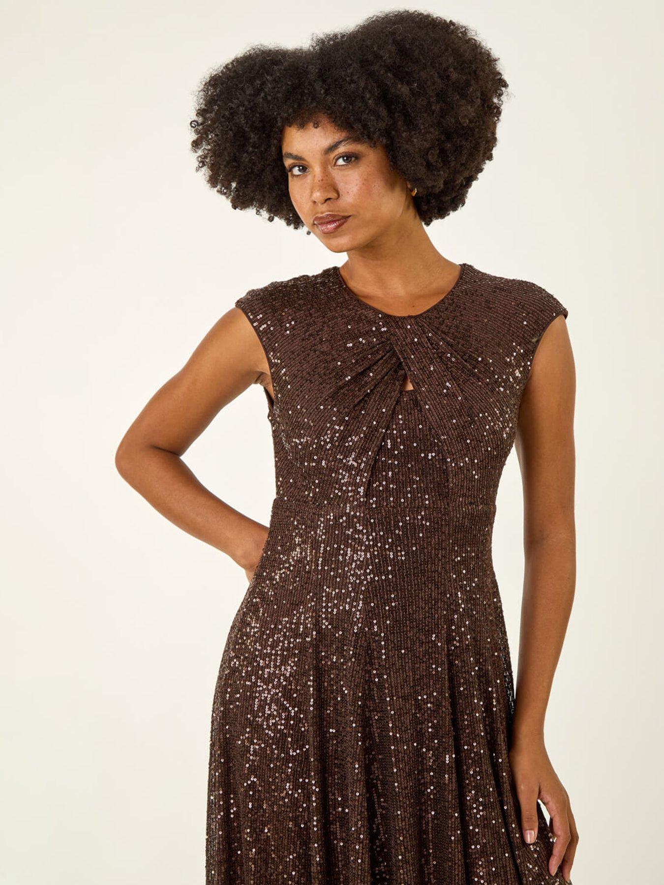 Image 4 of 5 of Roman Sequin Twist Front Stretch Dress - Brown