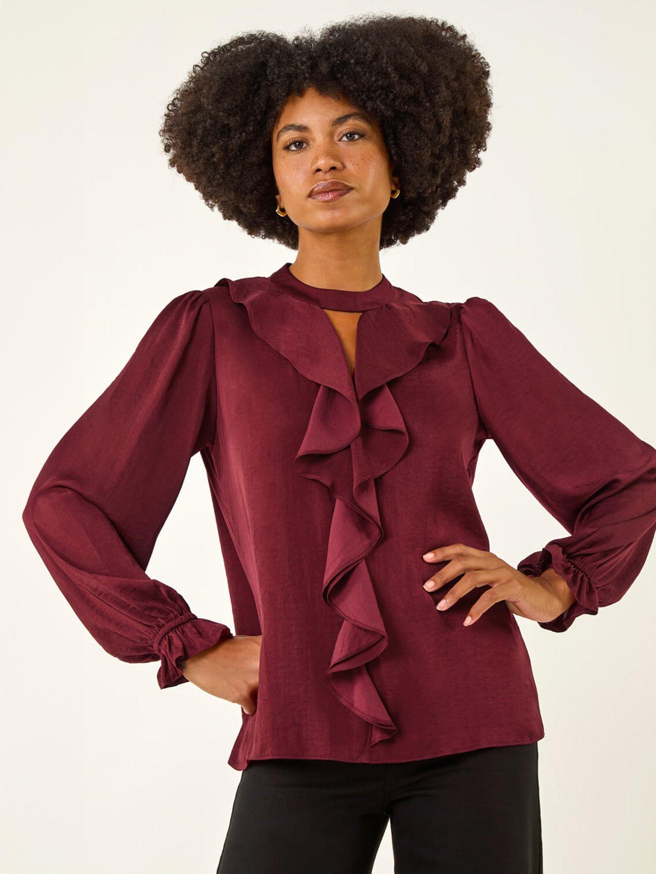 Roman Ruffle Front Keyhole Satin Top - Red