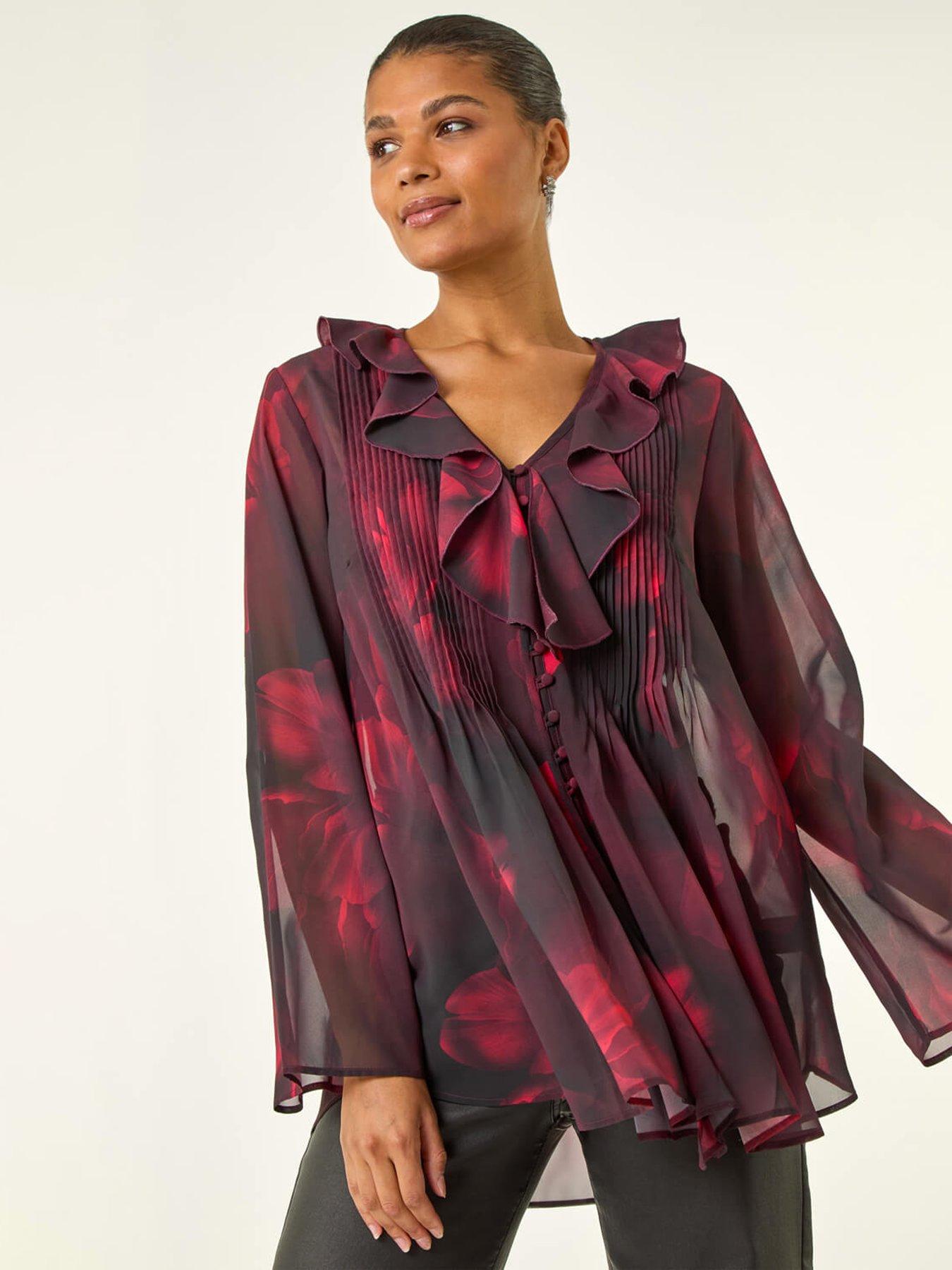 Roman Printed Frill Front Blouse - Red