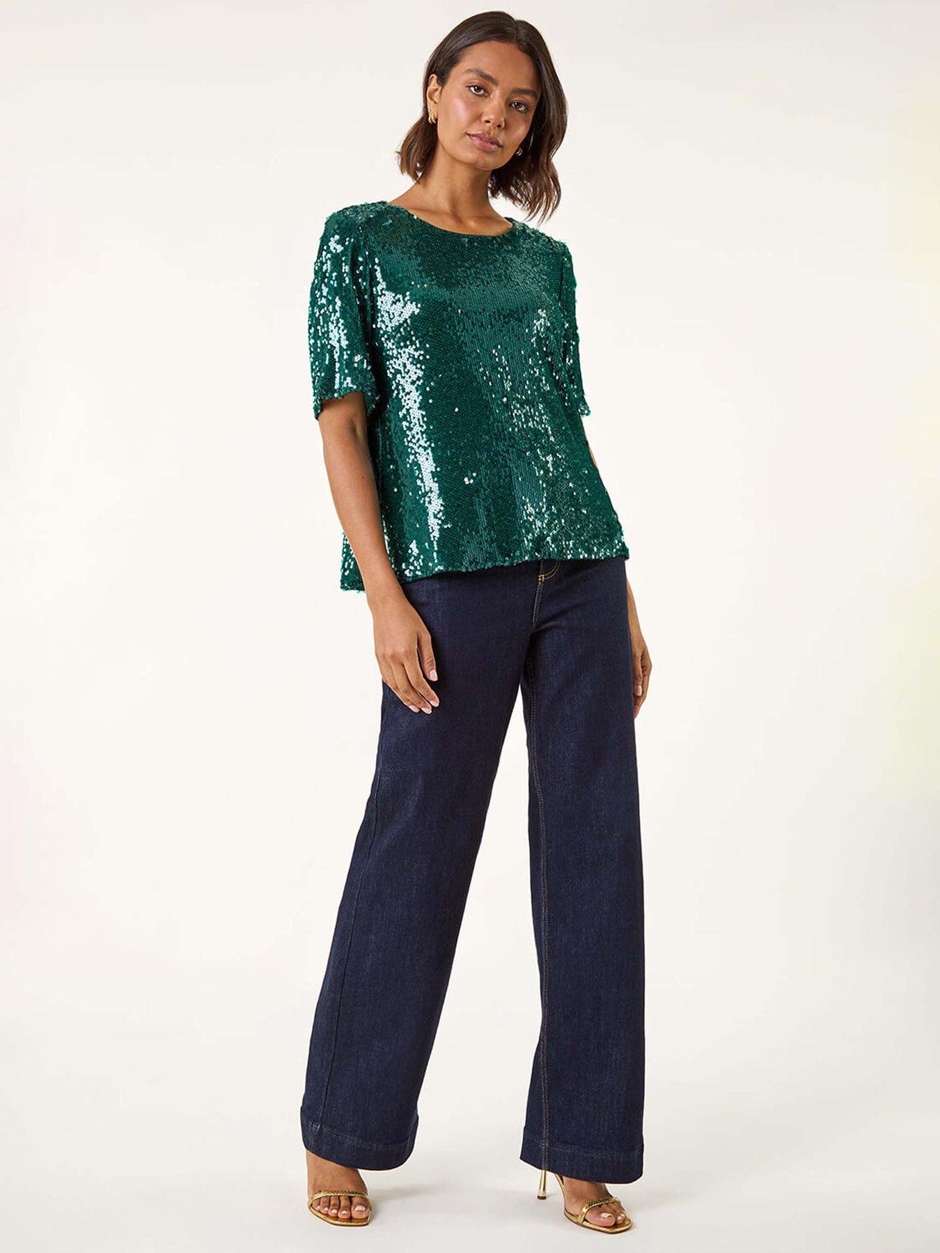 Roman Sequin Embellished T-Shirt - Forest - Green