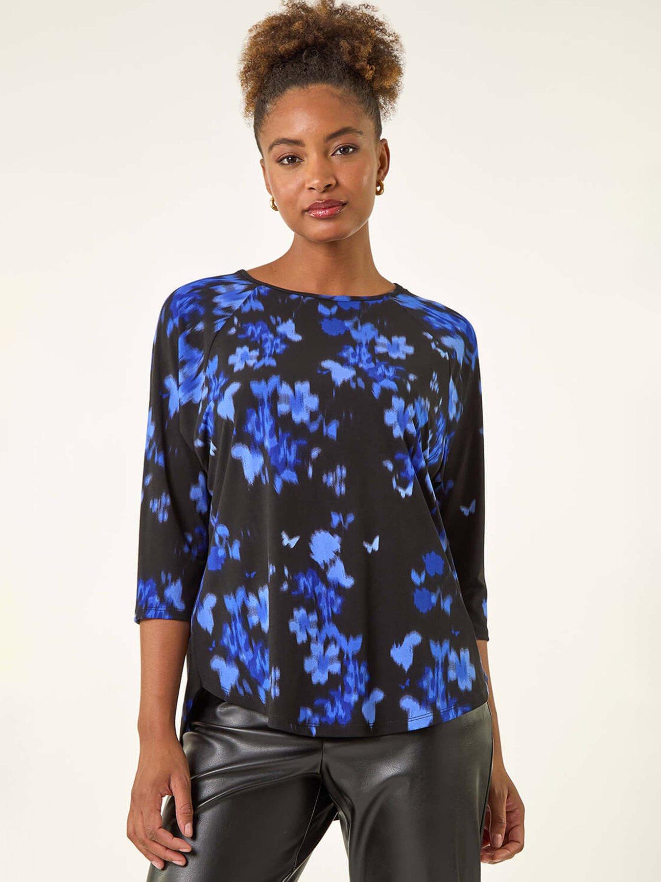Roman Floral Print Round Hem Top - Royal Blue
