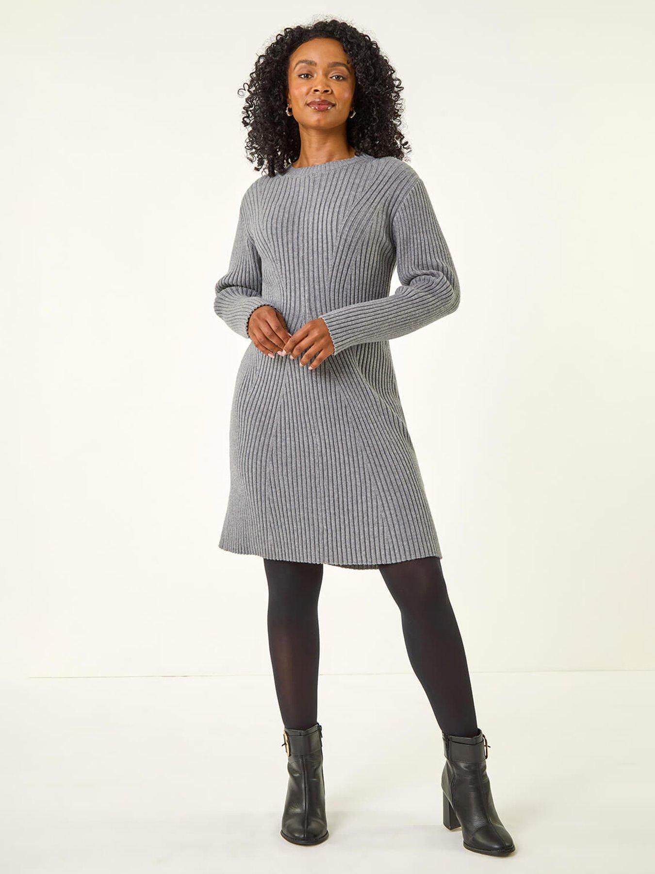 Roman Petite Ribbed Knitted Dress - Grey