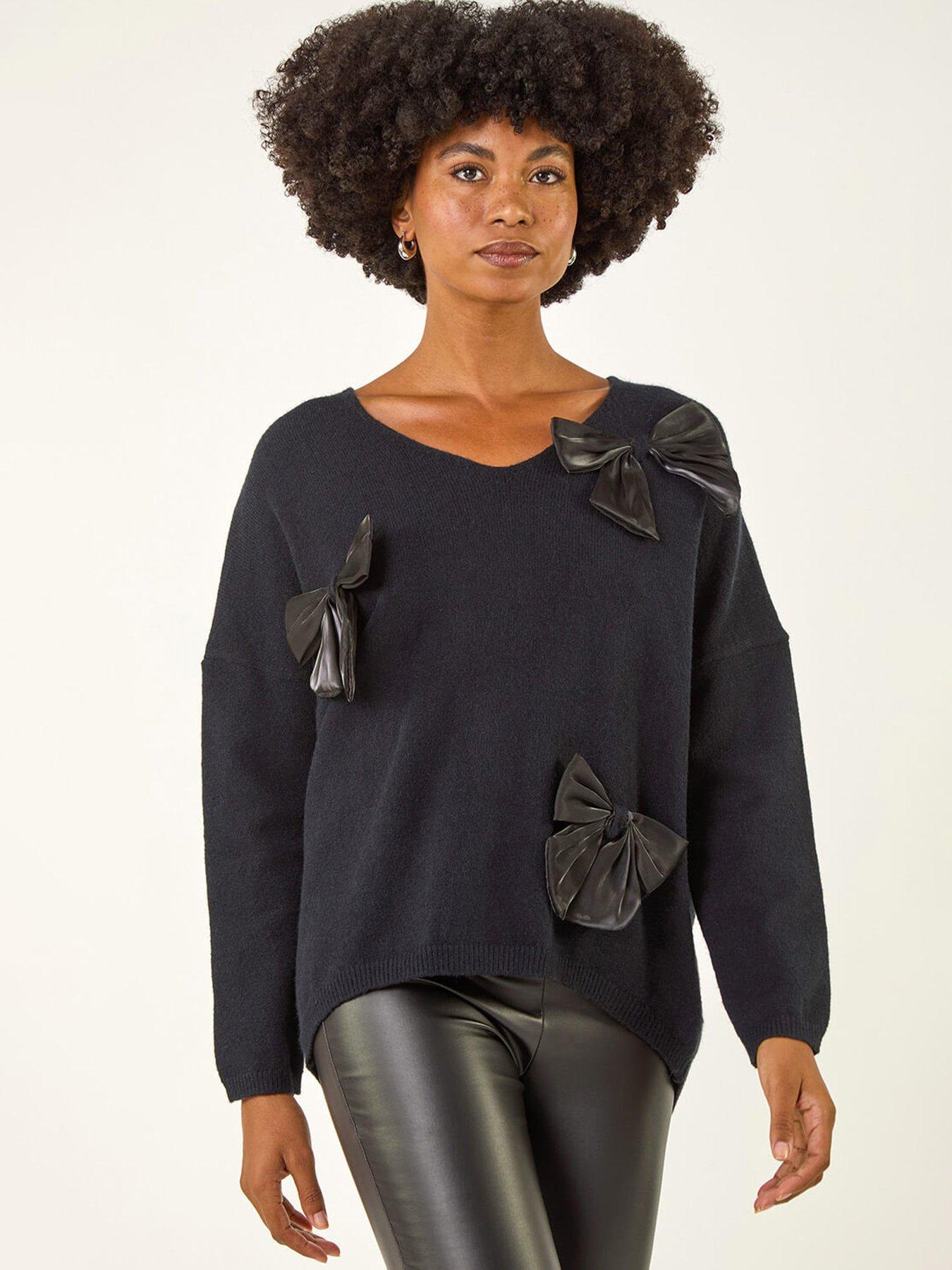 Roman Bow Embellished V-Neck Knit Jumper - Black