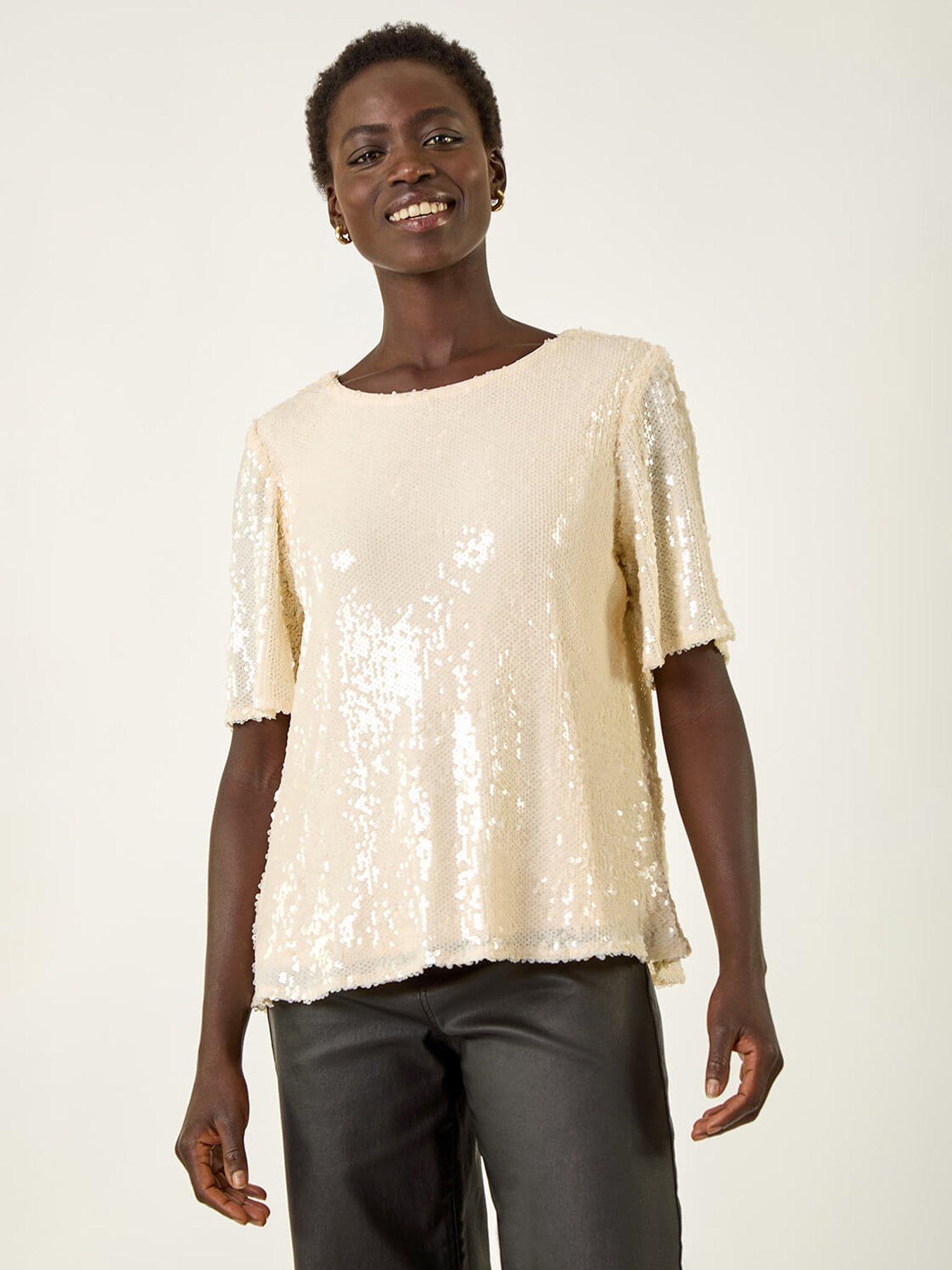 Roman Sequin Embellished T-shirt - Beige