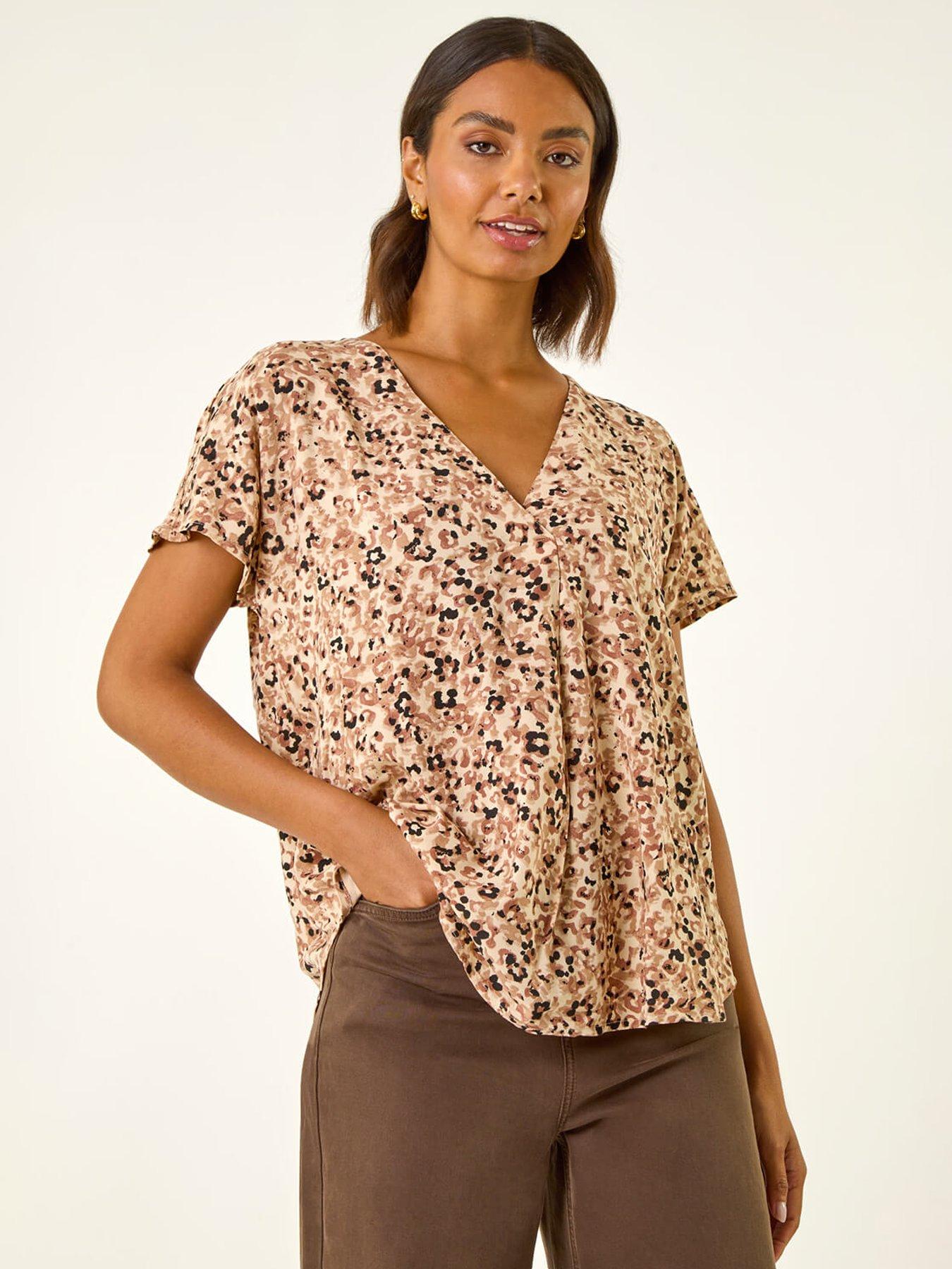 Roman Animal Print V-neck Pleat Front Top - Beige
