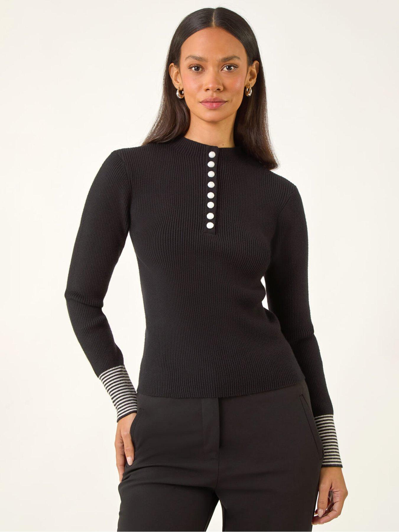 Roman Dusk Buttoned Ribbed Knit Jumper - Black