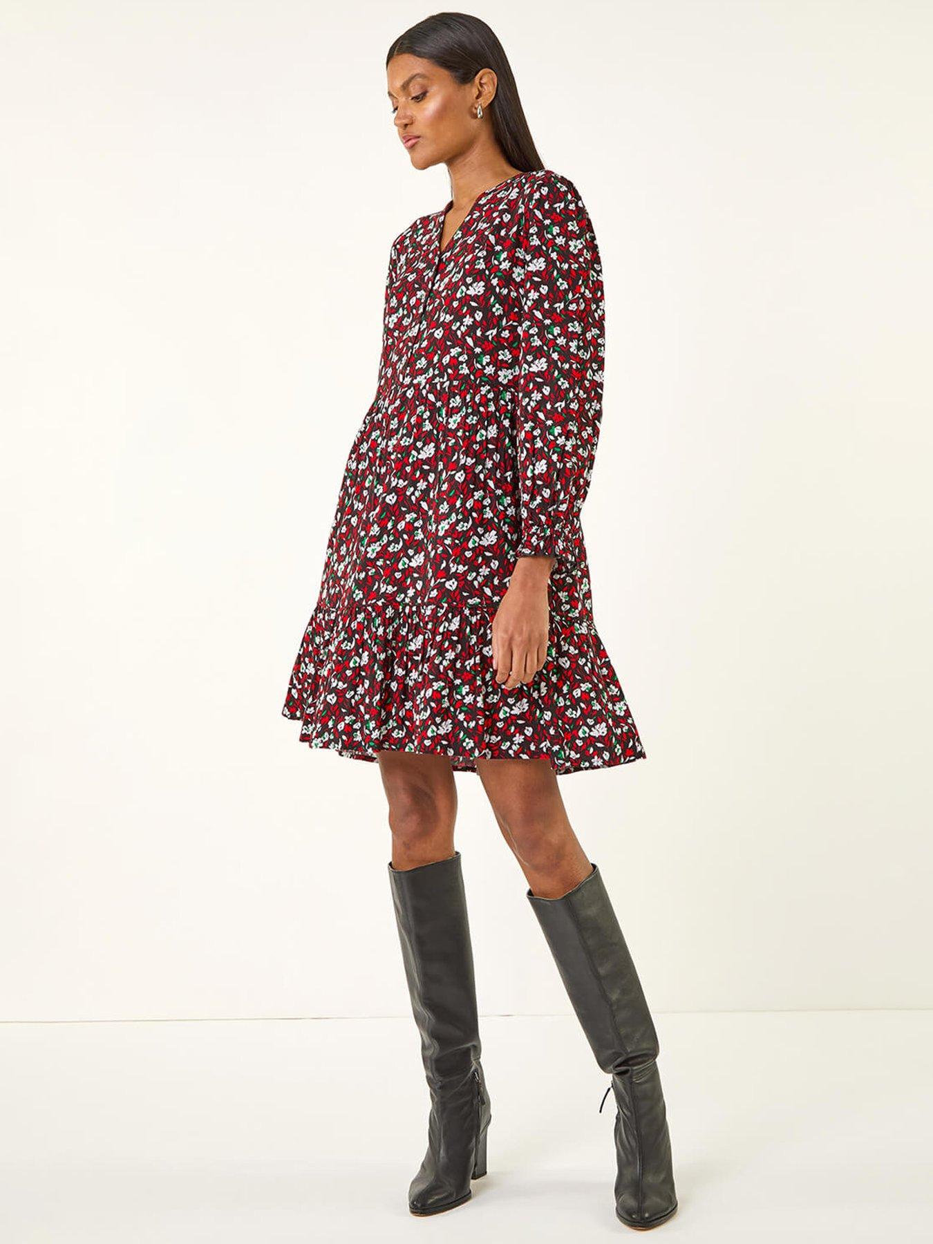 Roman Floral Print Buttoned Dress - Red
