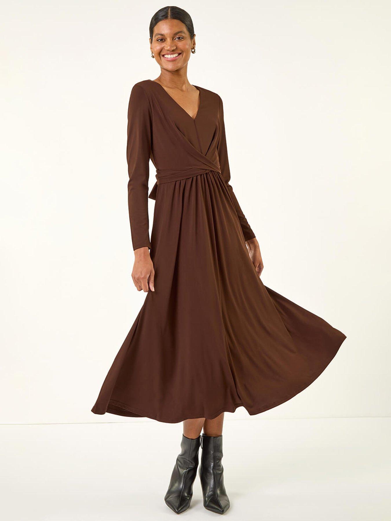 Roman Twist Front Stretch Midi Dress - Brown