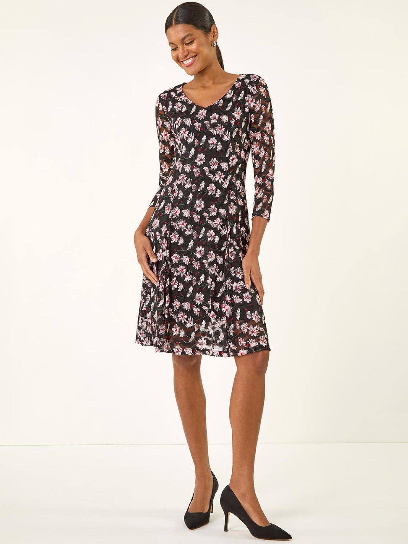 Roman Floral Print Lace Stretch Dress - Red