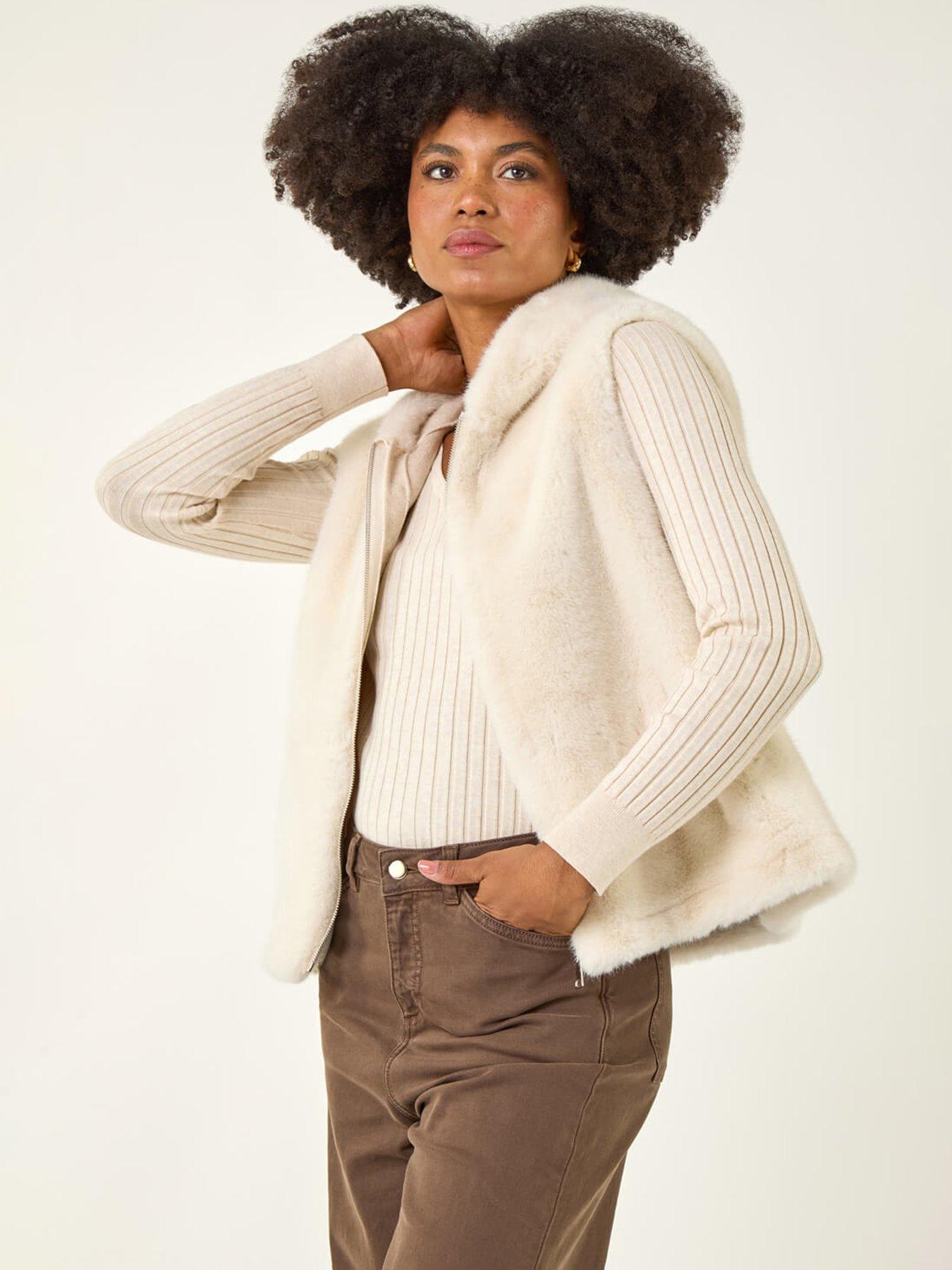 Roman Hooded Faux Fur Gilet - Beige