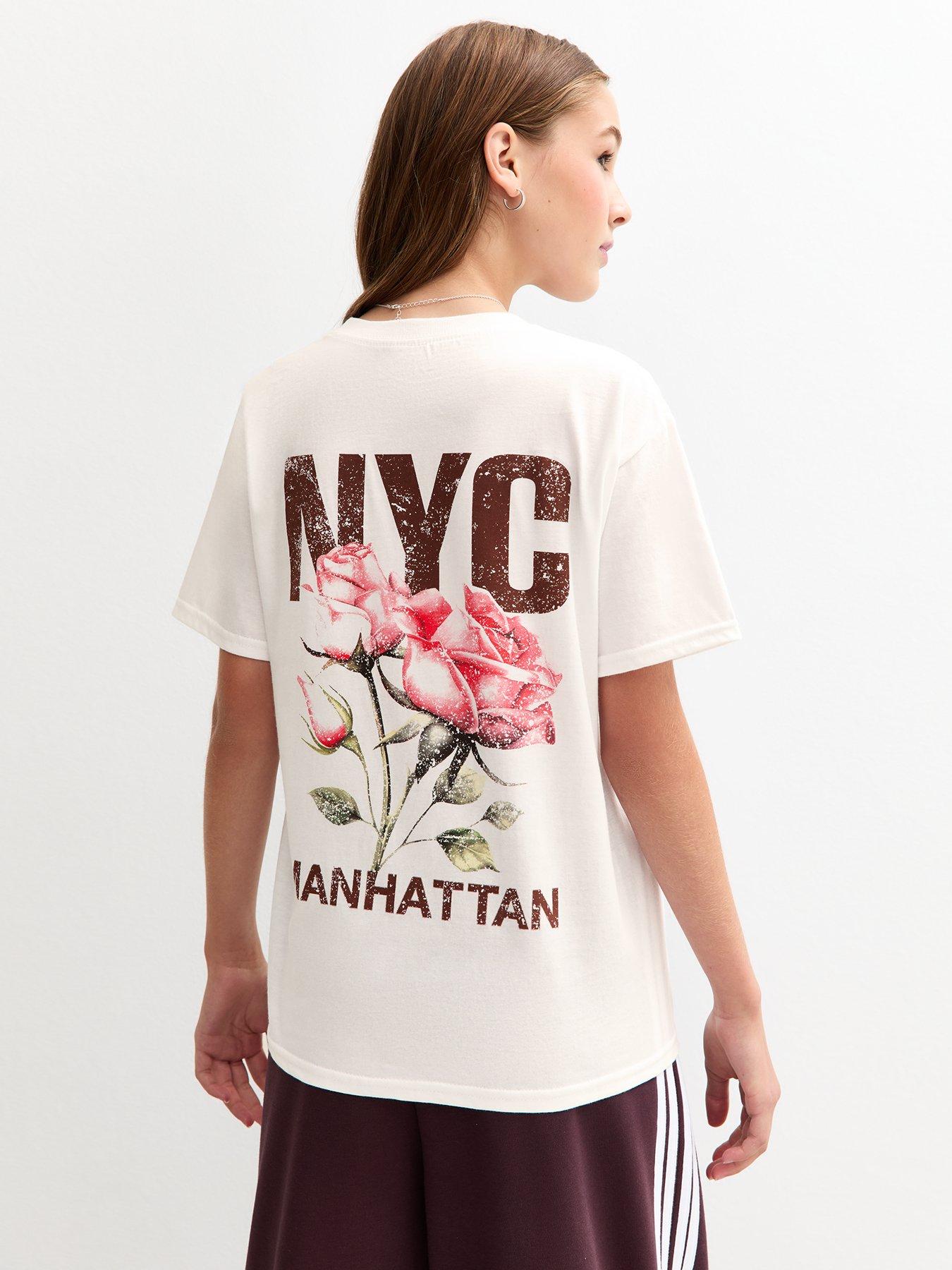 New Look 915 Girls White Distressed Effect NYC Rose Print Longline T-Shirt - White