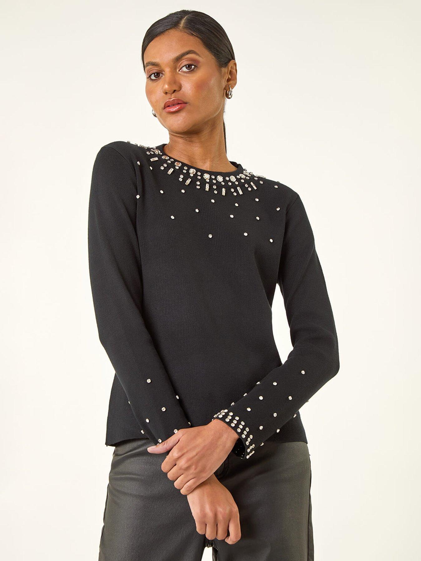 Roman Embellished Neck Jumper - Black