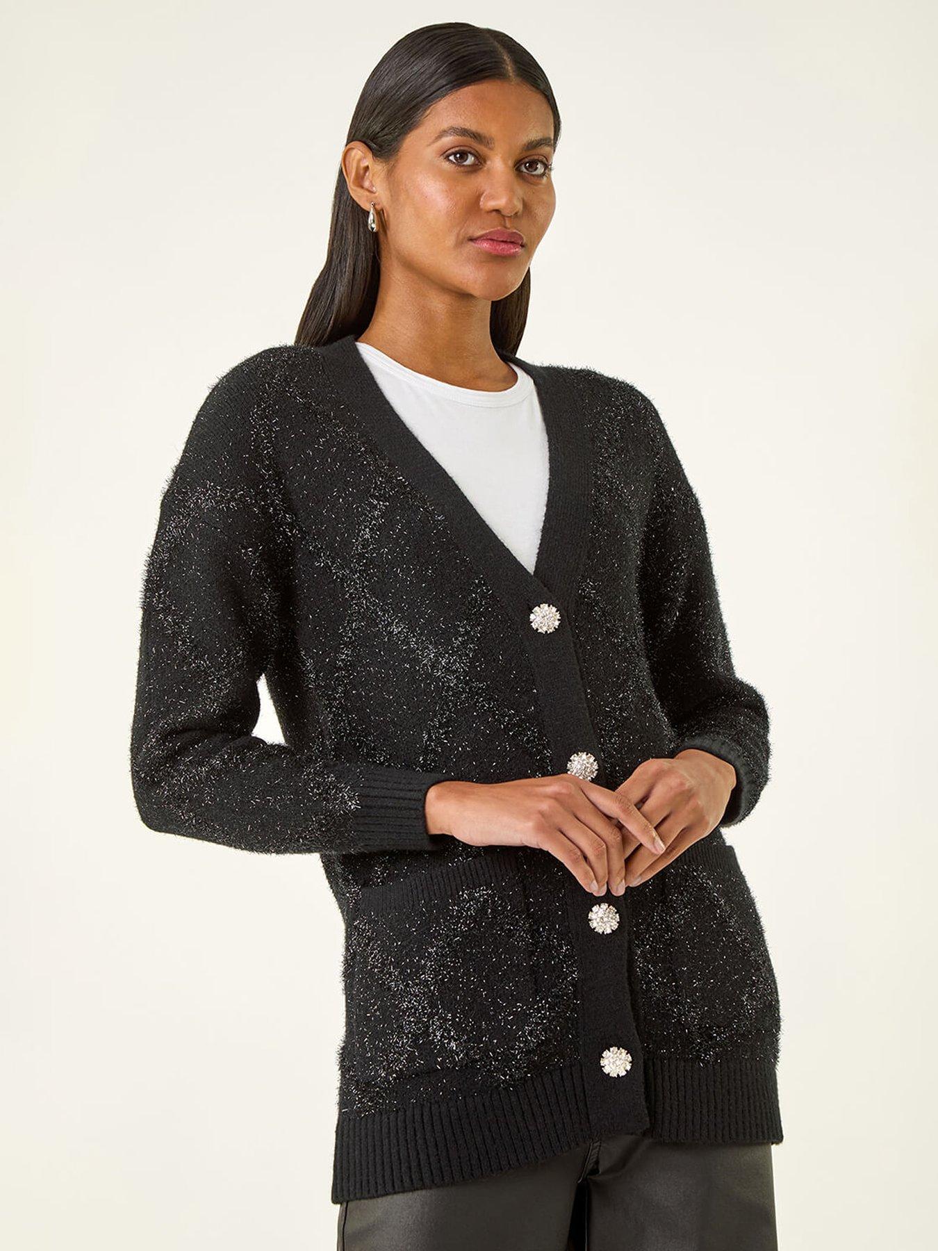 Roman Longline Tinsel Knit Cardigan - Black