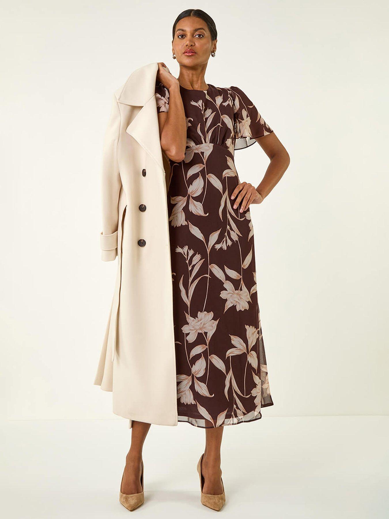 Roman Floral Print Flutter Sleeve Midi Dress - Brown