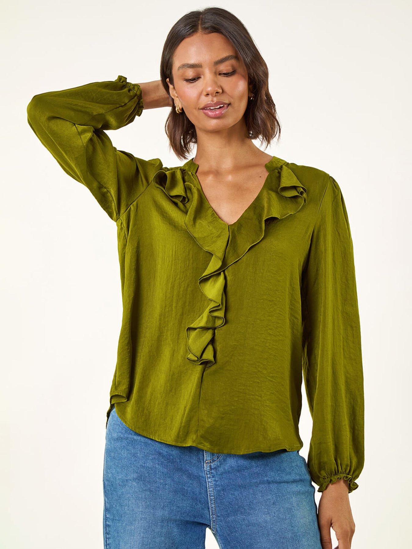 Roman Satin Ruffle Neck Blouse - Green