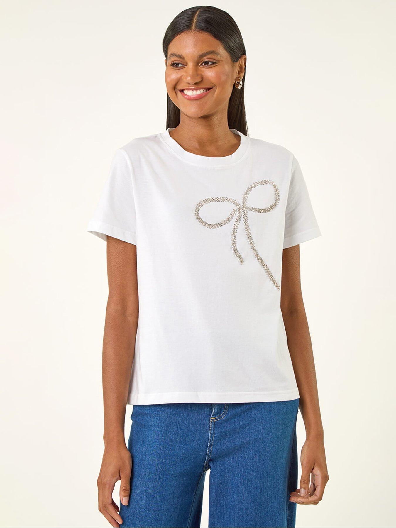 Roman Diamante Hotfix Bow Top - White