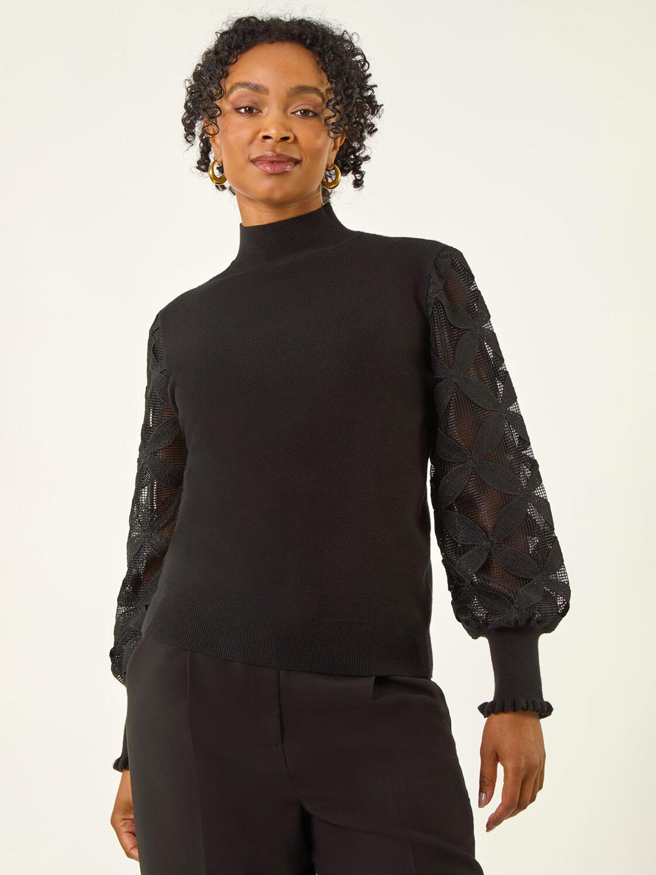 Image 1 of 5 of Roman Petite Lace Sleeve Knit Jumper - Black
