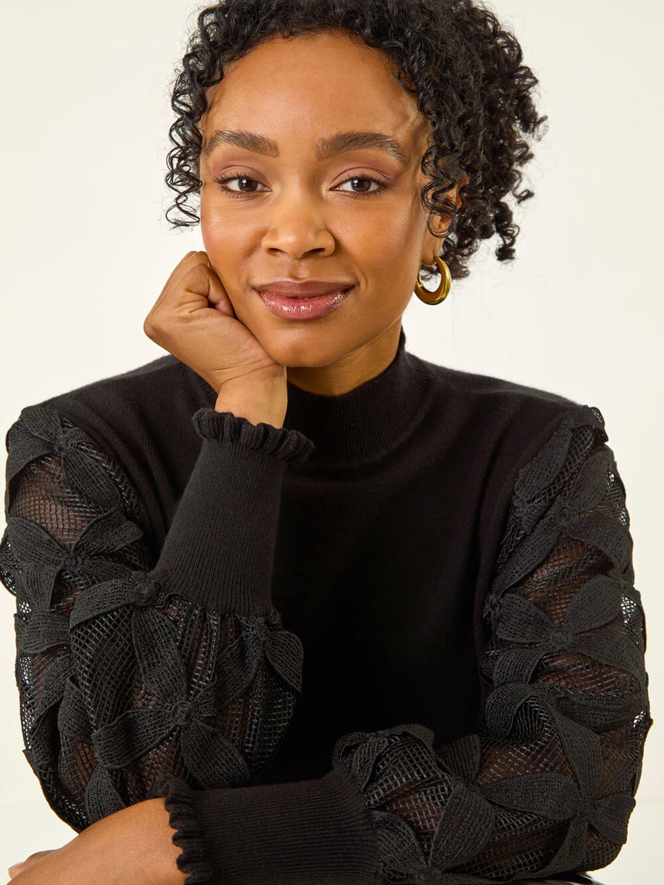 Image 4 of 5 of Roman Petite Lace Sleeve Knit Jumper - Black