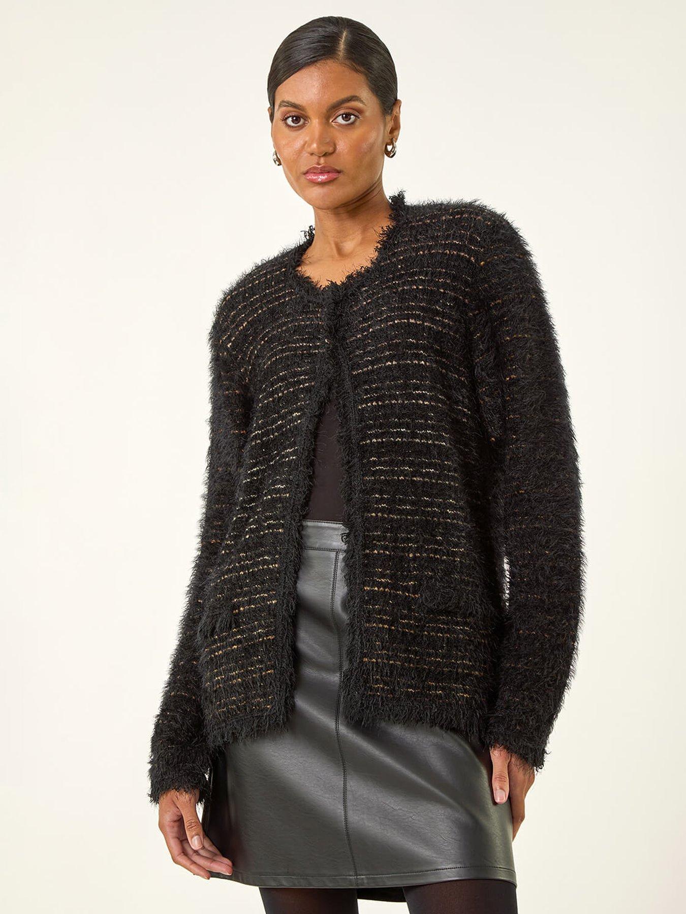 Roman Fluffy Textured Knit Cardigan - Black