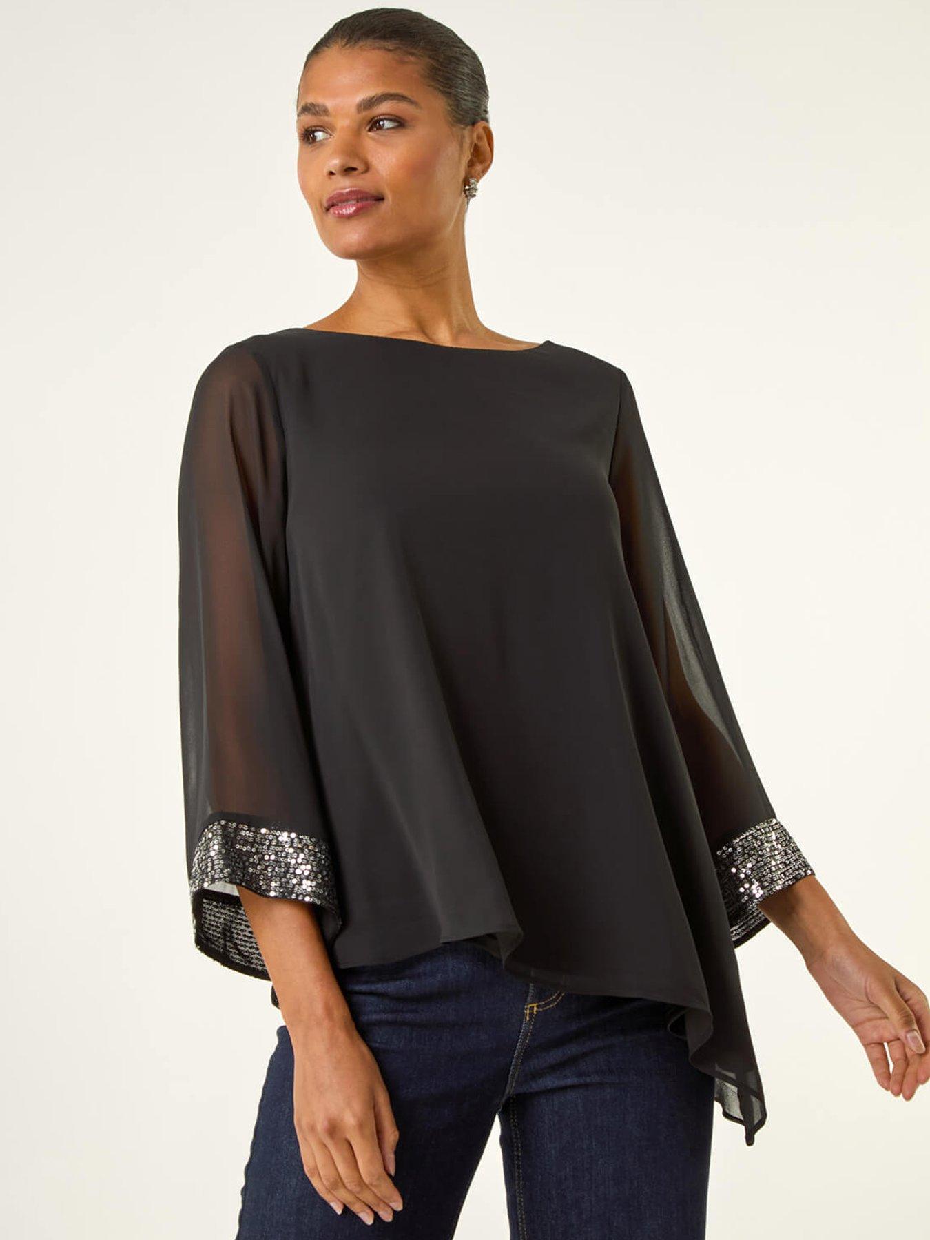 Roman Asymmetric Sequin Cuff Top - Black